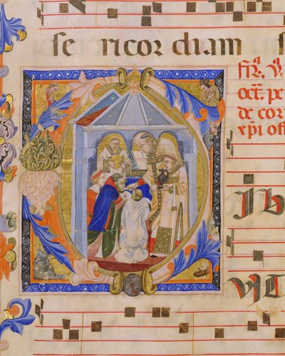 Ms 570 f.81v Historisierte Initiale C darstellend die Eucharistie, aus Missale D, von einem toskanischen Illuminator, aus San Marco e Cenacoli von Italian School